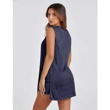 Bianstore Women's Summer Sweater Set Sleeveless Knit Pullover Top Matching Shorts 2 Piece Beach Vacation Outfits(Navy-XS)