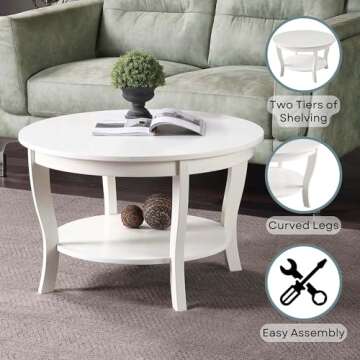 Convenience Concepts American Heritage Round Coffee Table 30" - Classic Living Room Table with Storage Shelf, Traditional Round Family Room Center Table, White