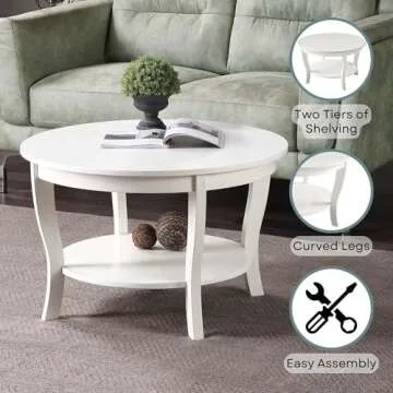 Convenience Concepts American Heritage Round Coffee Table 30" - Classic Living Room Table with Storage Shelf, Traditional Round Family Room Center Table, White