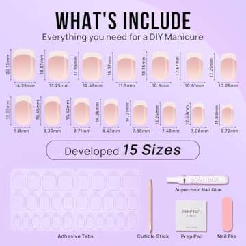 BTArtbox Press on Nails Square - French Tip Press On Nails Short, Seamless Fit Glue on Nails for Nail Art Manicure, 15 Sizes, French Girl