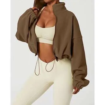 QINSEN Women's Full Zip Fleece Short Jacket Warm Winter Long Sleeve Stand Collar Sherpa Crop Coat Chestnut M