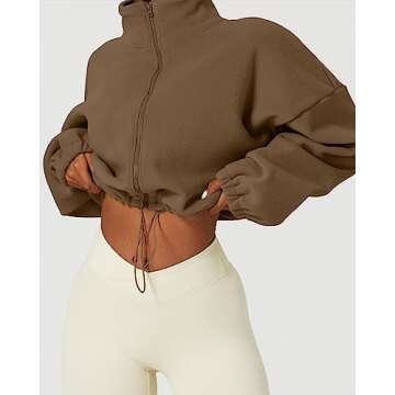 QINSEN Women's Full Zip Fleece Short Jacket Warm Winter Long Sleeve Stand Collar Sherpa Crop Coat Chestnut M