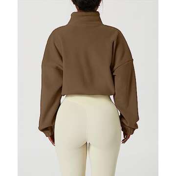 QINSEN Women's Full Zip Fleece Short Jacket Warm Winter Long Sleeve Stand Collar Sherpa Crop Coat Chestnut M