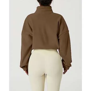 QINSEN Women's Full Zip Fleece Short Jacket Warm Winter Long Sleeve Stand Collar Sherpa Crop Coat Chestnut M