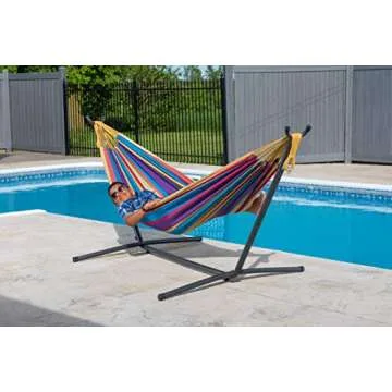Vivere Double Cotton Hammock with Space Saving Steel Stand, Upgraded Polyester End Strings 450 lb Capacity - Premium Carry Bag Included - USA Grown Cotton (Tropical)