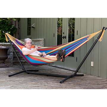 Vivere Double Cotton Hammock with Space Saving Steel Stand, Upgraded Polyester End Strings 450 lb Capacity - Premium Carry Bag Included - USA Grown Cotton (Tropical)