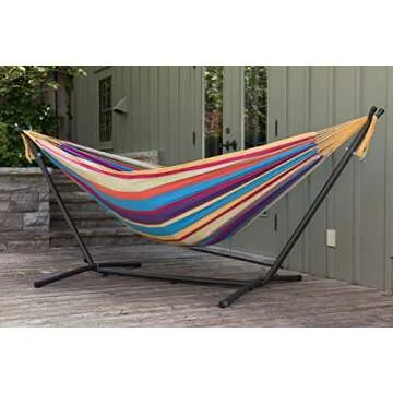 Vivere Double Cotton Hammock with Space Saving Steel Stand, Upgraded Polyester End Strings 450 lb Capacity - Premium Carry Bag Included - USA Grown Cotton (Tropical)