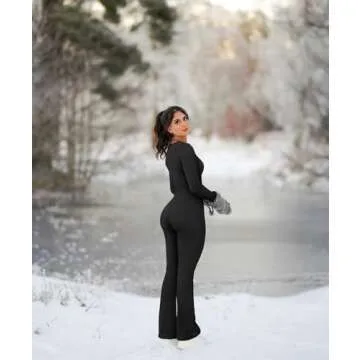 OQQ Women Yoga Jumpsuits Ribbed Exercise Long Sleeve Tops Bell Bottoms Flare Jumpsuits Black