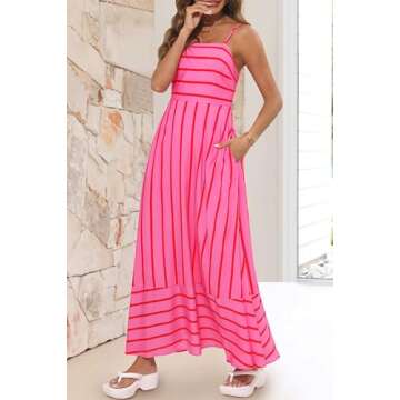 MEROKEETY Women's 2024 Summer Floral Boho Maxi Dresses Casual Sleeveless Spaghetti Strap Smocked Long Beach Dress, StripePink, Large