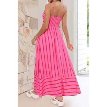 MEROKEETY Women's 2024 Summer Floral Boho Maxi Dresses Casual Sleeveless Spaghetti Strap Smocked Long Beach Dress, StripePink, Large