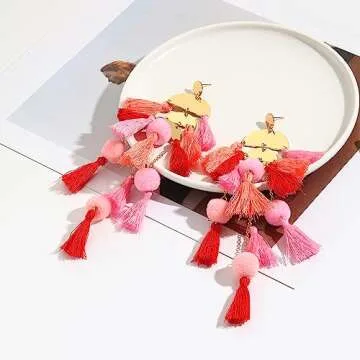 Pink Earring for Women Tassel Statement Earrings Long Fringe Dangle Earrings Handmade Boho earrings for Women Christmas Mother's Day Gift