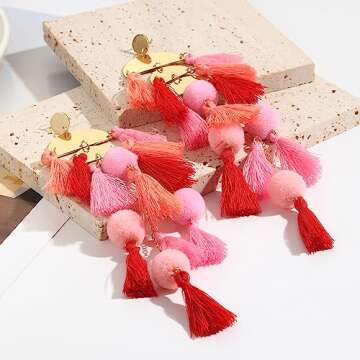 Pink Earring for Women Tassel Statement Earrings Long Fringe Dangle Earrings Handmade Boho earrings for Women Christmas Mother's Day Gift