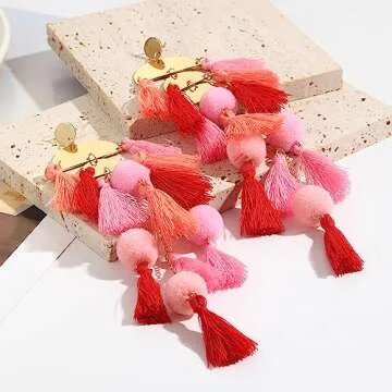 Pink Earring for Women Tassel Statement Earrings Long Fringe Dangle Earrings Handmade Boho earrings for Women Christmas Mother's Day Gift