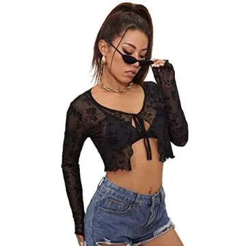 Chic Floerns Women's Sheer Mesh Long Sleeve Crop Top