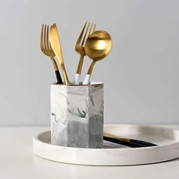 WAVEYU Pen Holder, Pencil Holder, Marble Desk Organizer Cute, Durable Ceramic Pencil Cup, Decorative Makeup Brush Holder Cup, Stationery Holder for Office, School, Home, Gray Marble