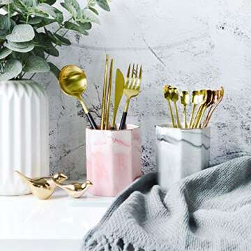 WAVEYU Pen Holder, Pencil Holder, Marble Desk Organizer Cute, Durable Ceramic Pencil Cup, Decorative Makeup Brush Holder Cup, Stationery Holder for Office, School, Home, Gray Marble