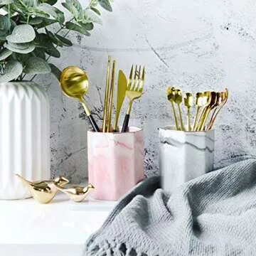 WAVEYU Pen Holder, Pencil Holder, Marble Desk Organizer Cute, Durable Ceramic Pencil Cup, Decorative Makeup Brush Holder Cup, Stationery Holder for Office, School, Home, Gray Marble