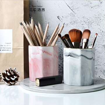 WAVEYU Pen Holder, Pencil Holder, Marble Desk Organizer Cute, Durable Ceramic Pencil Cup, Decorative Makeup Brush Holder Cup, Stationery Holder for Office, School, Home, Gray Marble