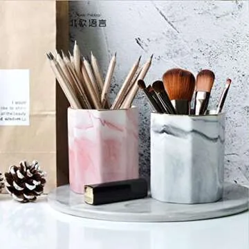 WAVEYU Pen Holder, Pencil Holder, Marble Desk Organizer Cute, Durable Ceramic Pencil Cup, Decorative Makeup Brush Holder Cup, Stationery Holder for Office, School, Home, Gray Marble