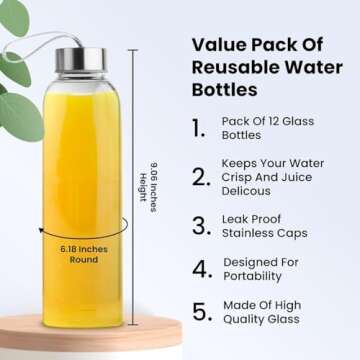 Chef's Star Glass Bottles, Stainless Steel Cap with Wrist Strap, for Drinks, Juice, 16 oz, Pack of 6