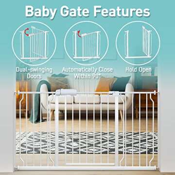 WAOWAO Extra Wide Baby Gate 57.48"-62.20" Walk Thru Pressure Mount Auto Close White Metal Child Dog Pet Safety Stairs,Doorways,Kitchen