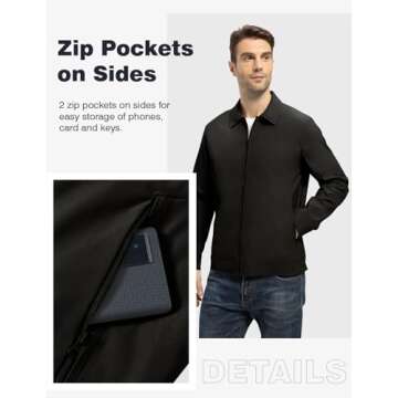 TBMPOY Men's Lightweight Jackets Casual Windbreaker Stylish Light Fall Spring Golf Work Dress Business Black L