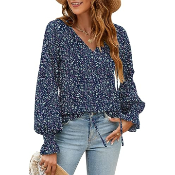 Chiffon Tops for Women Floral V Neck Bubble Sleeve Casual Spring Blouses Shirts (Z-Navy Blue,S)