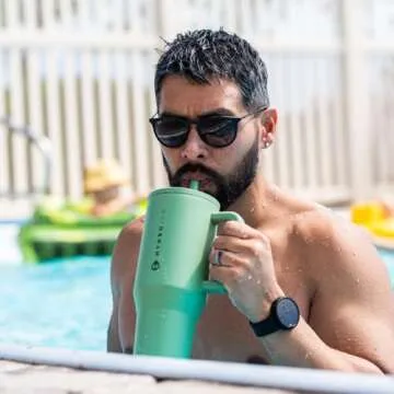 HydroJug Traveler - Modern 40 oz Tumbler with Handle & Simple Flip Straw - Car Cup Holder Friendly, Leak Resistant Water Bottle-Reusable Insulated Stainless Steel & Rubber Base - Gifts for Women & Men