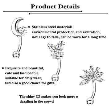 Ubjuliwa 12pcs 16G Rook Piercing Jewelry Eyebrow Rings Stainless Steel Belly Lip Ring Cartilage Hoop...