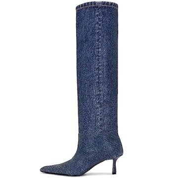YIYA Women's Denim Knee High Boots with Pointed Toe and Stiletto Heels