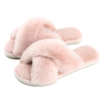Cozyfurry Womens Cross Band Slippers Cozy Furry Fuzzy House Slippers Open Toe Fluffy Indoor Shoes Ou...