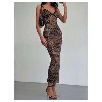 GORGLITTER Women's Cheetah Leopard Y2k Mesh Bodycon Dress Lace Trim Sleeveless Maxi Cami Dresses Brown Medium