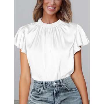PRETTYGARDEN Women's Summer Satin Blouse Shirt 2025 Dressy Casual Ruffle Short Sleeve Crewneck Work Office Party Tops (White,Small)