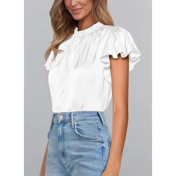PRETTYGARDEN Women's Summer Satin Blouse Shirt 2025 Dressy Casual Ruffle Short Sleeve Crewneck Work Office Party Tops (White,Small)