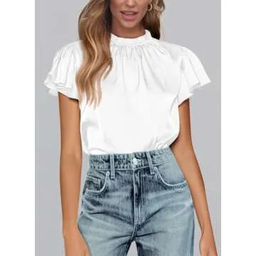 PRETTYGARDEN Women's Summer Satin Blouse Shirt 2025 Dressy Casual Ruffle Short Sleeve Crewneck Work Office Party Tops (White,Small)
