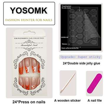 YOSOMK Long Press on Nails Orange Smile Fake Nails with Designs Glossy False Nails for Women Girls S...