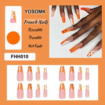 YOSOMK Long Press on Nails Orange Smile Fake Nails with Designs Glossy False Nails for Women Girls Stick on Nails with Glue on Acrylic Nail Tips