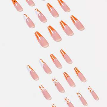 YOSOMK Long Press on Nails Orange Smile Fake Nails with Designs Glossy False Nails for Women Girls Stick on Nails with Glue on Acrylic Nail Tips