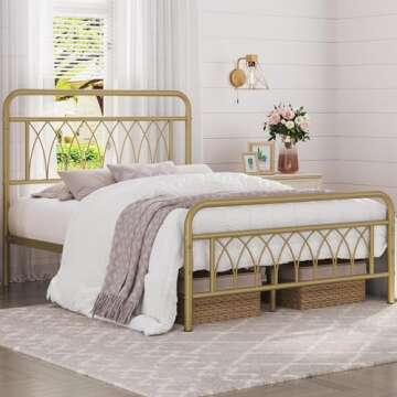 Yaheetech Full Bed Frame Metal Platform Bed with Petal Accented Headboard/Footboard/14.4 Inch Under Bed Storage/No Box Spring Needed,Antique Gold