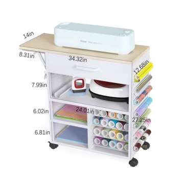 RJOKMT Rolling Craft Storage Cart with Crafting Table - Compatible with Cricut Machines, Craft cart ...