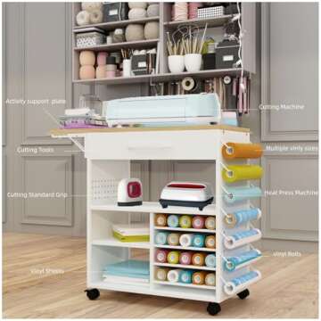 RJOKMT Rolling Craft Storage Cart with Crafting Table - Compatible with Cricut Machines, Craft cart with Vinyl Roll Holder，Craft Table Workstation Tool Accessories Holder for Craft Room