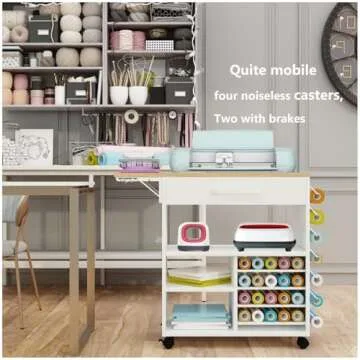 RJOKMT Rolling Craft Storage Cart with Crafting Table - Compatible with Cricut Machines, Craft cart with Vinyl Roll Holder，Craft Table Workstation Tool Accessories Holder for Craft Room