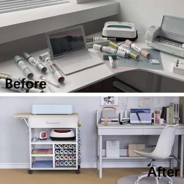 RJOKMT Rolling Craft Storage Cart with Crafting Table - Compatible with Cricut Machines, Craft cart with Vinyl Roll Holder，Craft Table Workstation Tool Accessories Holder for Craft Room