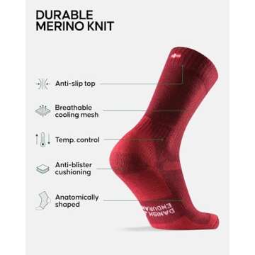 DANISH ENDURANCE Merino Wool Hiking Socks - Cushioned for Comfort and Durability - 3 Pair Pack for M...