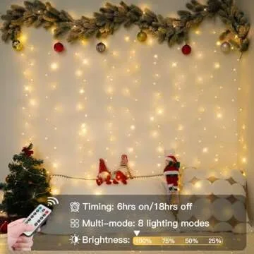 suddus 200 LED Christmas Curtain Lights, Fairy Lights Plug in for Bedroom, String Lights with Remote Indoor Outdoor, Dorm Window Wall Wedding Birthday Decor,Warm White