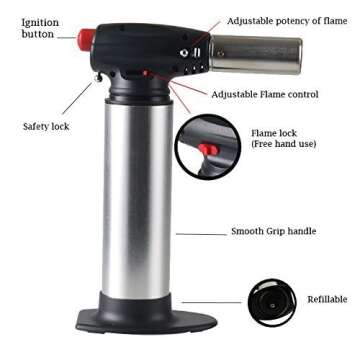 Heavy Duty Micro Blow Torch Flame Forte-Torch for Soldering- Plumbing- Big Refillable Butane Torch- Jewelry-Torch for Home and Kitchen-Adjustable Flame-Security Lock (Gray)