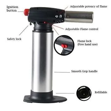 Heavy Duty Micro Blow Torch Flame Forte-Torch for Soldering- Plumbing- Big Refillable Butane Torch- Jewelry-Torch for Home and Kitchen-Adjustable Flame-Security Lock (Gray)