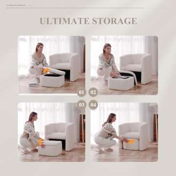 COLAMY Upholstered Sherpa Barrel Accent Chair with Storage Ottoman Set of 2, Morden Living Room Side Chair, Single Sofa Armchair with Lounge Seat for Bedroom/Office/Reading Spaces, Cream