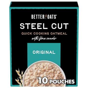 Better Oats Original Steel Cut Oatmeal Packets, Original Flavor,Instant Oatmeal Packets with Steel Cut Oats and Flax Seeds, Quick Oatmeal Pouches Ready in 2.5 Minutes, Box of 10 Pouches (Pack of 6)