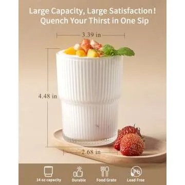 BJMEDYM Ribbed Glassesware 14 Oz Ripple Drinking Glasses Iced Coffee Glasses Glass Cup Set Of 6 Vintage Drinking Glasses Water Glasses Fluted Glassware Cocktail Glass Cute Glass Cups